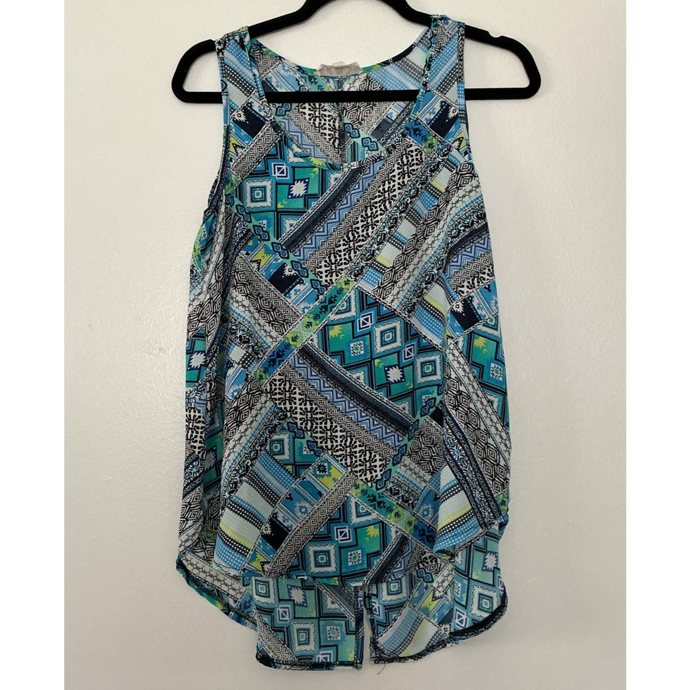 PInk Rose Women Top Size M Blue Colorful Geometric Tank Boho Sleeveless Pullover
